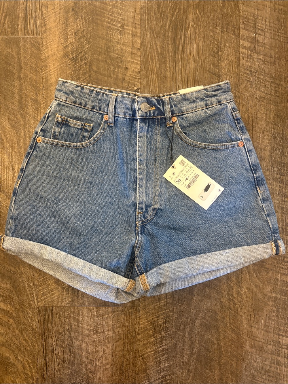 Zara High-Waist Rolled Cuff Denim Shorts - Blue